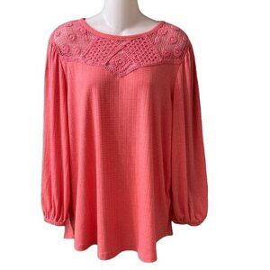 Greige Women's Coral Boho Crinkle Gauze Top Crochet Lace Detail 3/4 Sleeve